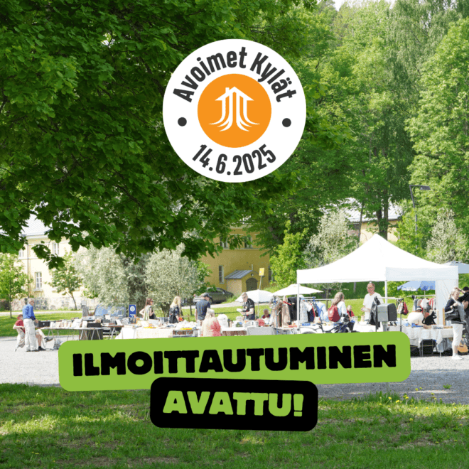 Taustalla markkinatapahtuma, jonka päällä Avoimet Kylät -logo, sekä teksti, että ilmoittautuminen on nyt avattu.